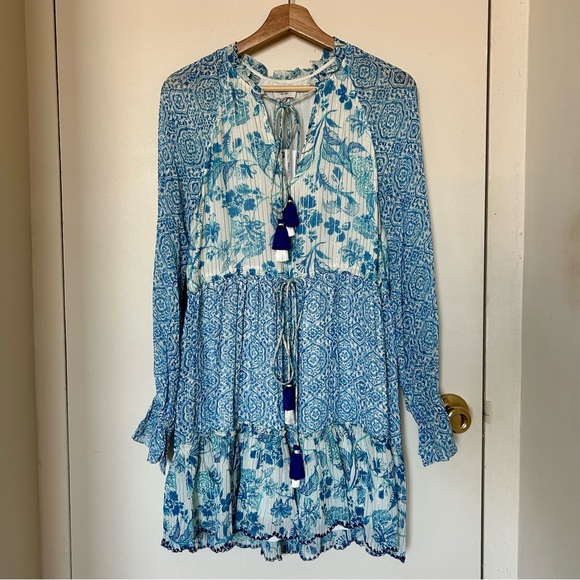 NWT Hemant & Nandita Kaiyo Blue and White Floral Mini Dress - Picture 1 of 7